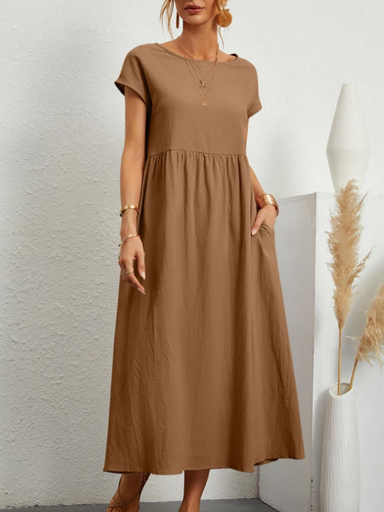 Retro jednobojna ležerna haljina srednje dužine od pamučnog lana