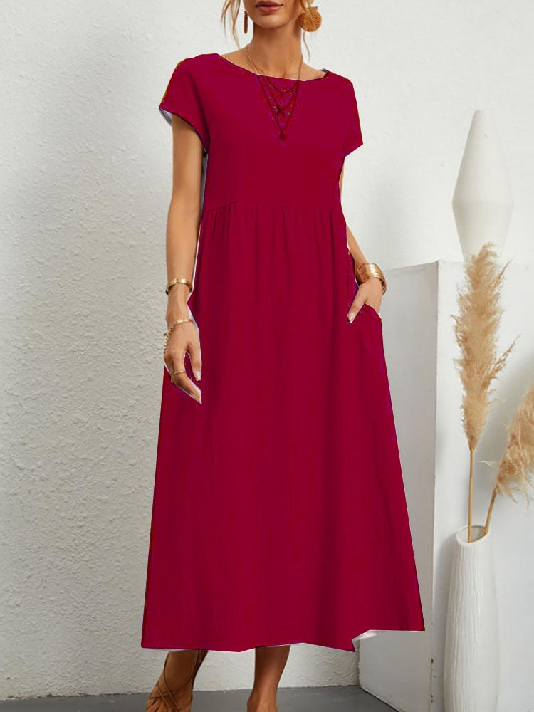 Retro jednobojna ležerna haljina srednje dužine od pamučnog lana