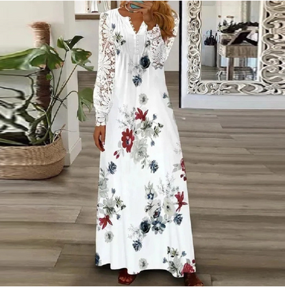 2023 Proljetno/ljetna čipkasta haljina s boemskim V izrezom i dugim rukavima s cvjetnim uzorkom